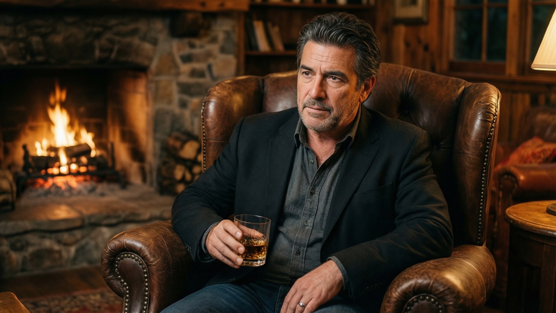 Alex Castellanos ontspant thuis met een glas scotch bij de open haard.