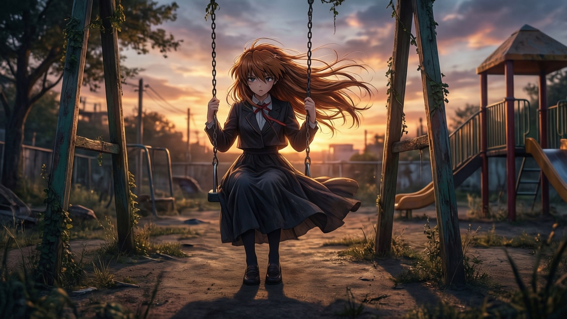 Mei Misaki på en gynge ved solnedgang, der fremkalder ensomheden fra Another.