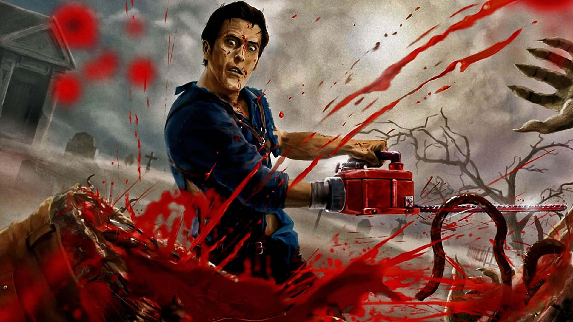 Evil Dead Ash Using Chainsaw Background