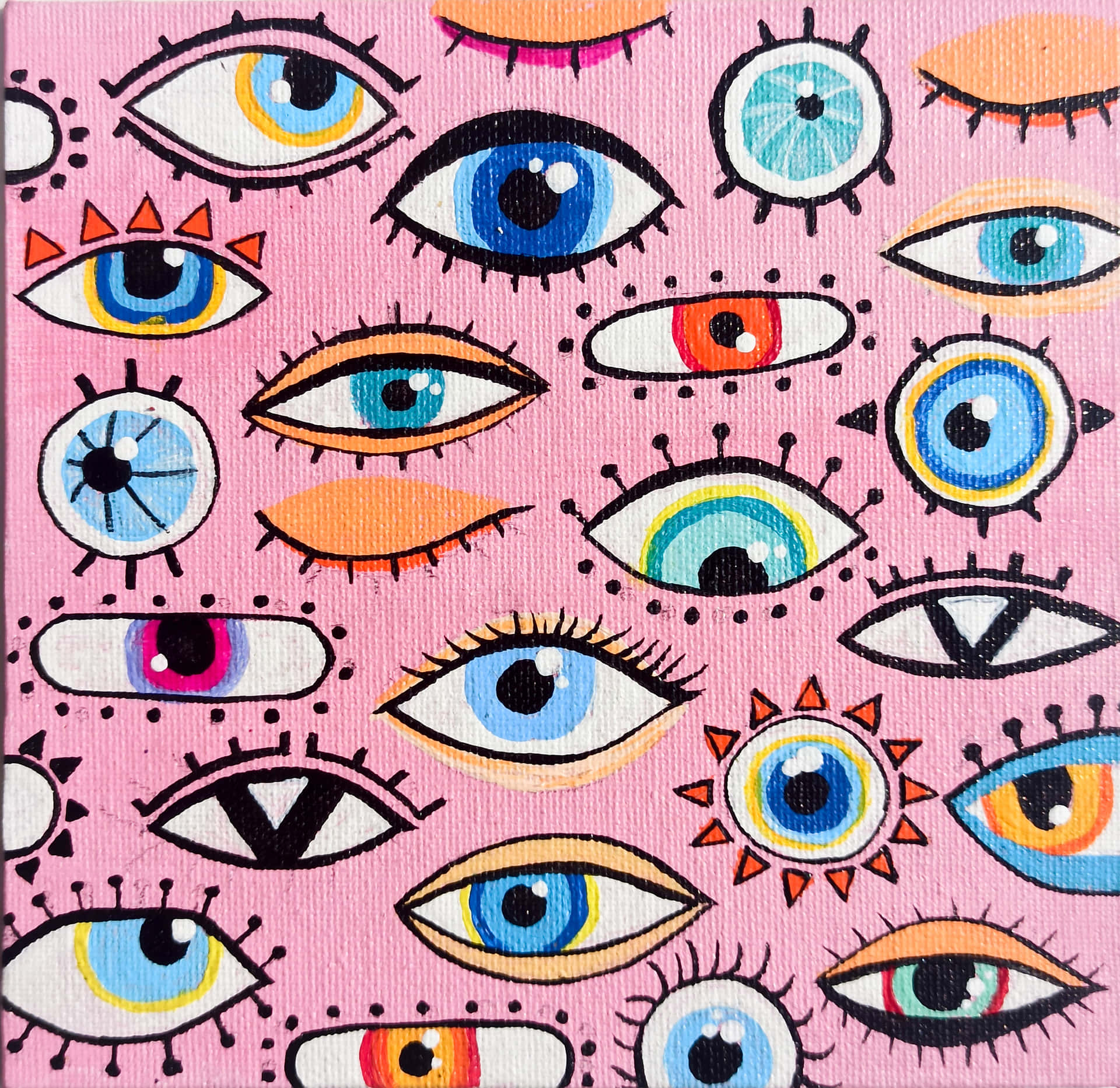 A Painting Of Many Colorful Eyes On Pink