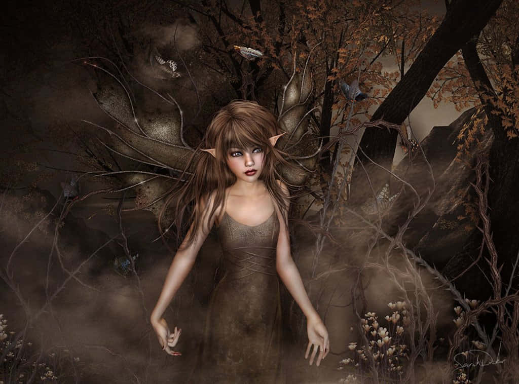 An evil fairy threatens in a dark, mysterious forest. Wallpaper