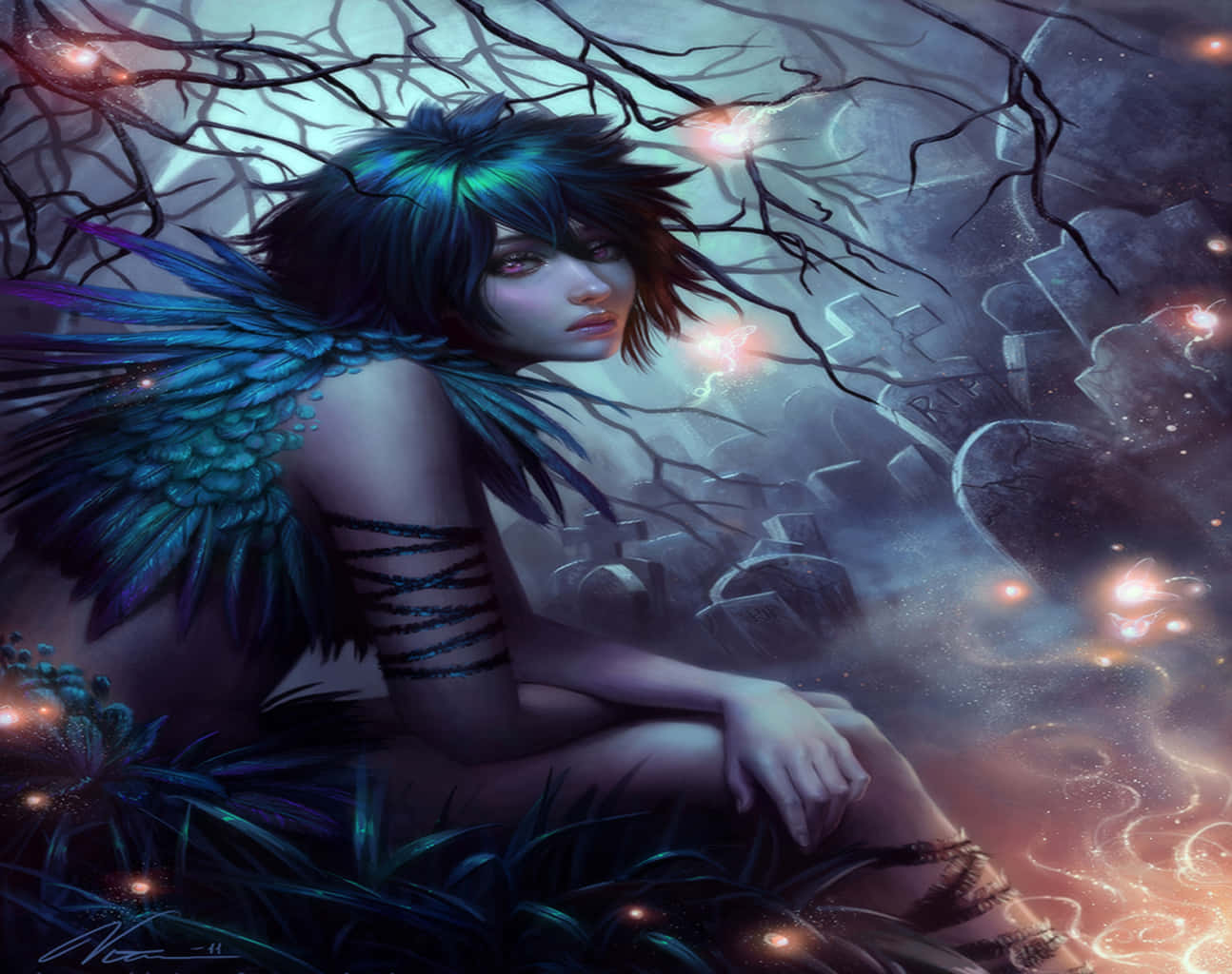 A Girl With Wings Sitting On The Ground Wallpaper