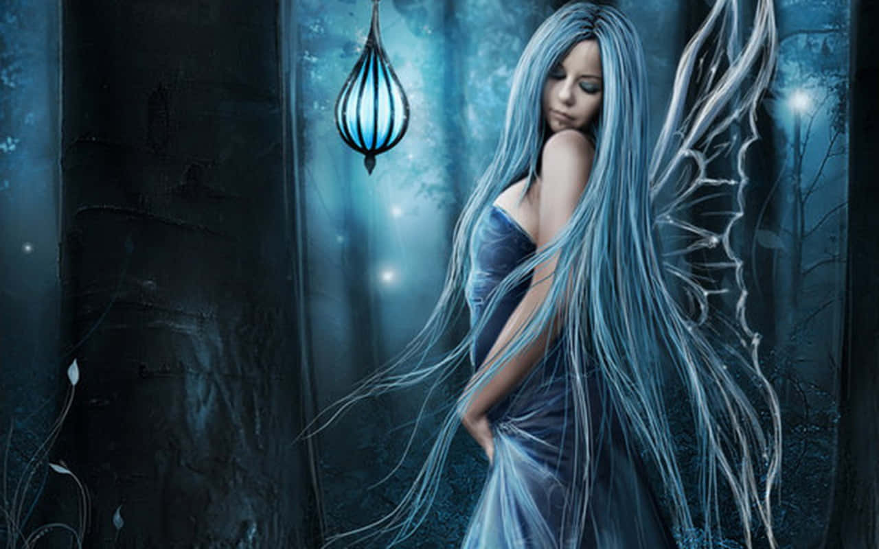 A Fairy In A Blue Dress Standing In The Woods Wallpaper