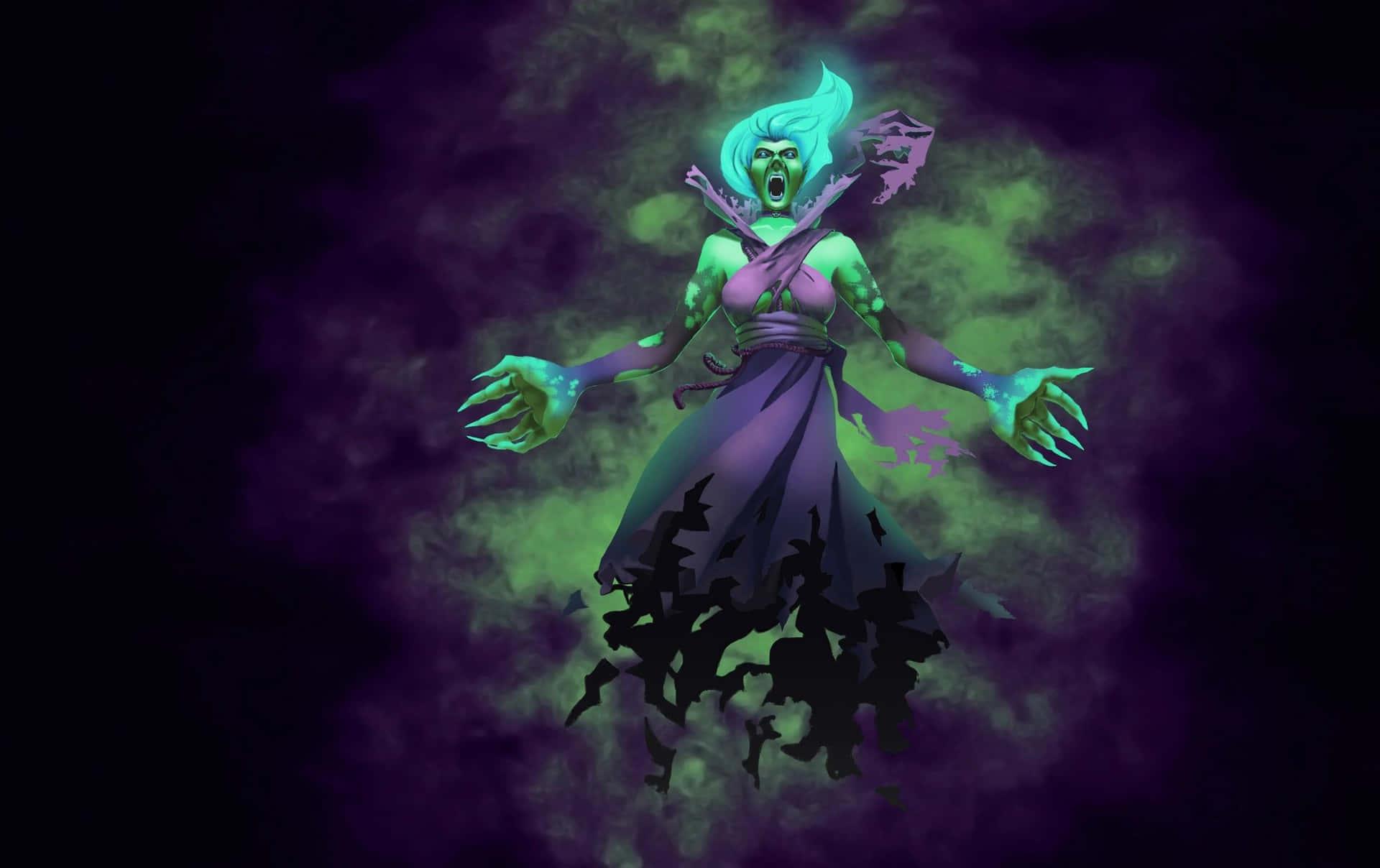 A fearsome evil witch casting a dark spell in the night. Wallpaper