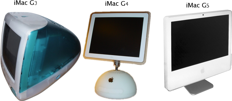 Evolutionofi Mac Models PNG — Three vintage Apple computers displayed side by side against a black background showcasing design evolution.