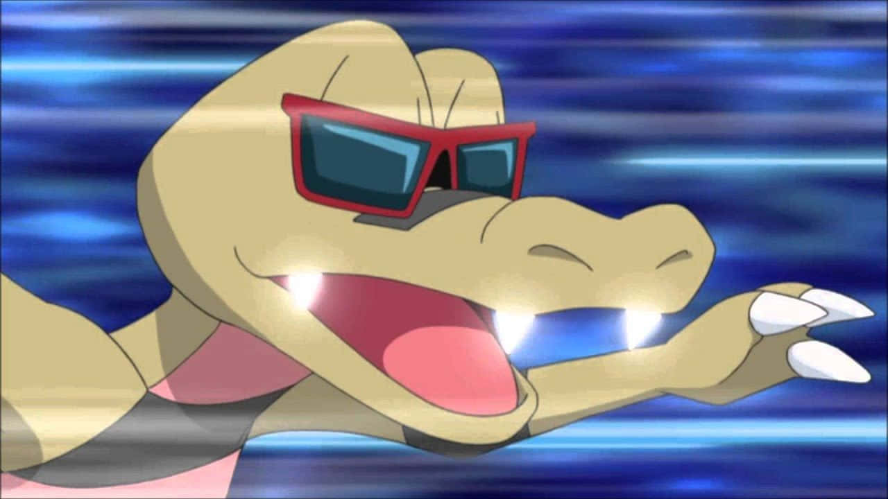 Evolved Sandile With Sunglasses Ready To Bite Wallpaper