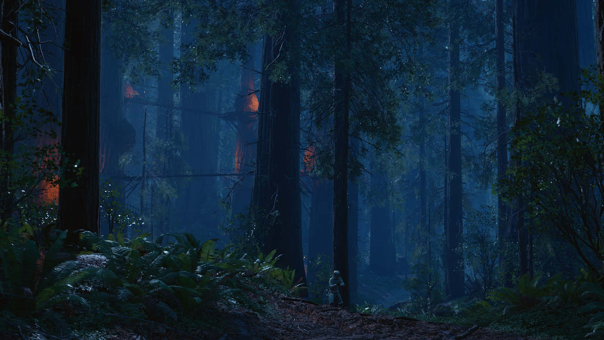 Four Ewoks lead the way through the dense fog of the beloved Ewok Village Wallpaper