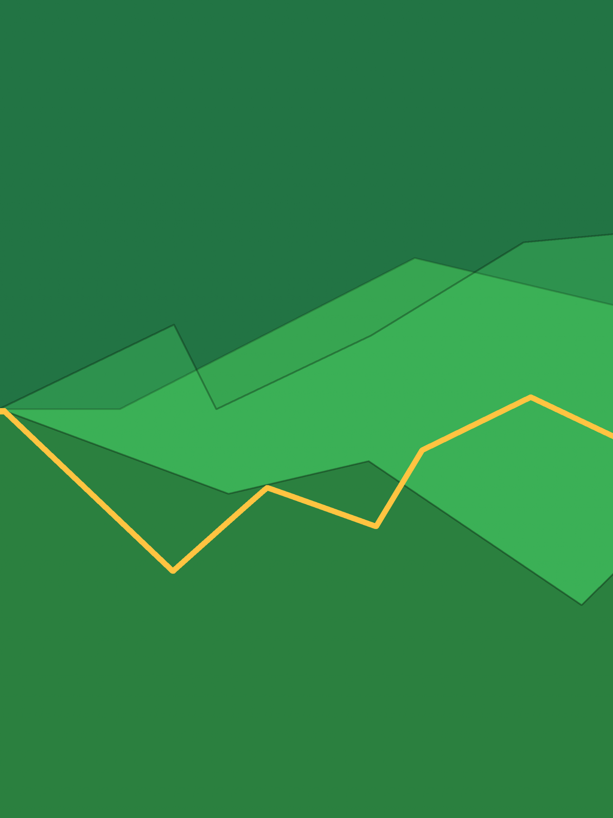 Unlock the Power of Excel Background — Abstract geometric mountain range in varying green tones outlined with a bold yellow line against a solid green background.