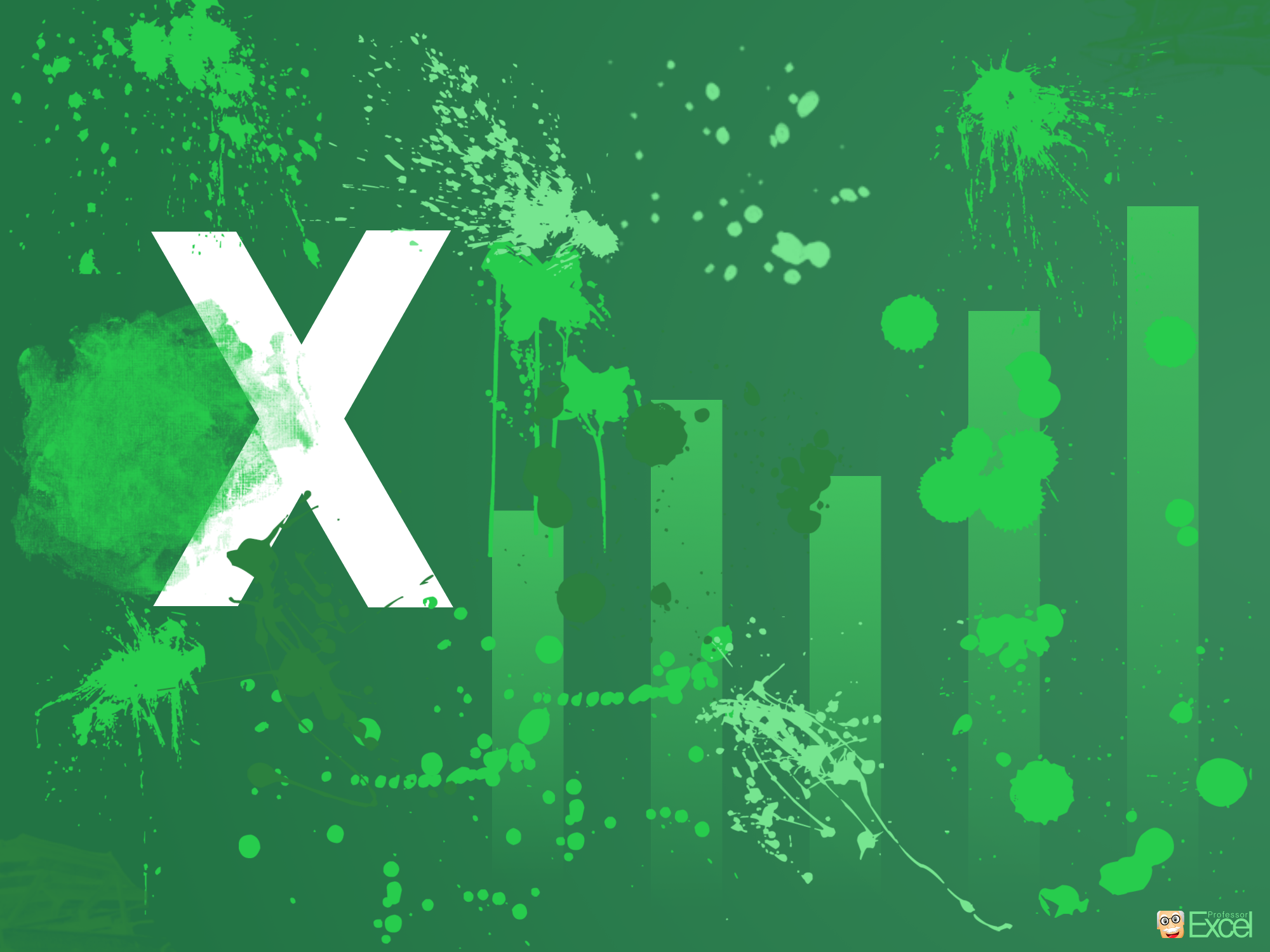 a green background with the word x on it Background — A bold white Excel logo emerges from vibrant green paint splatters against a gradient green background with bar chart elements.