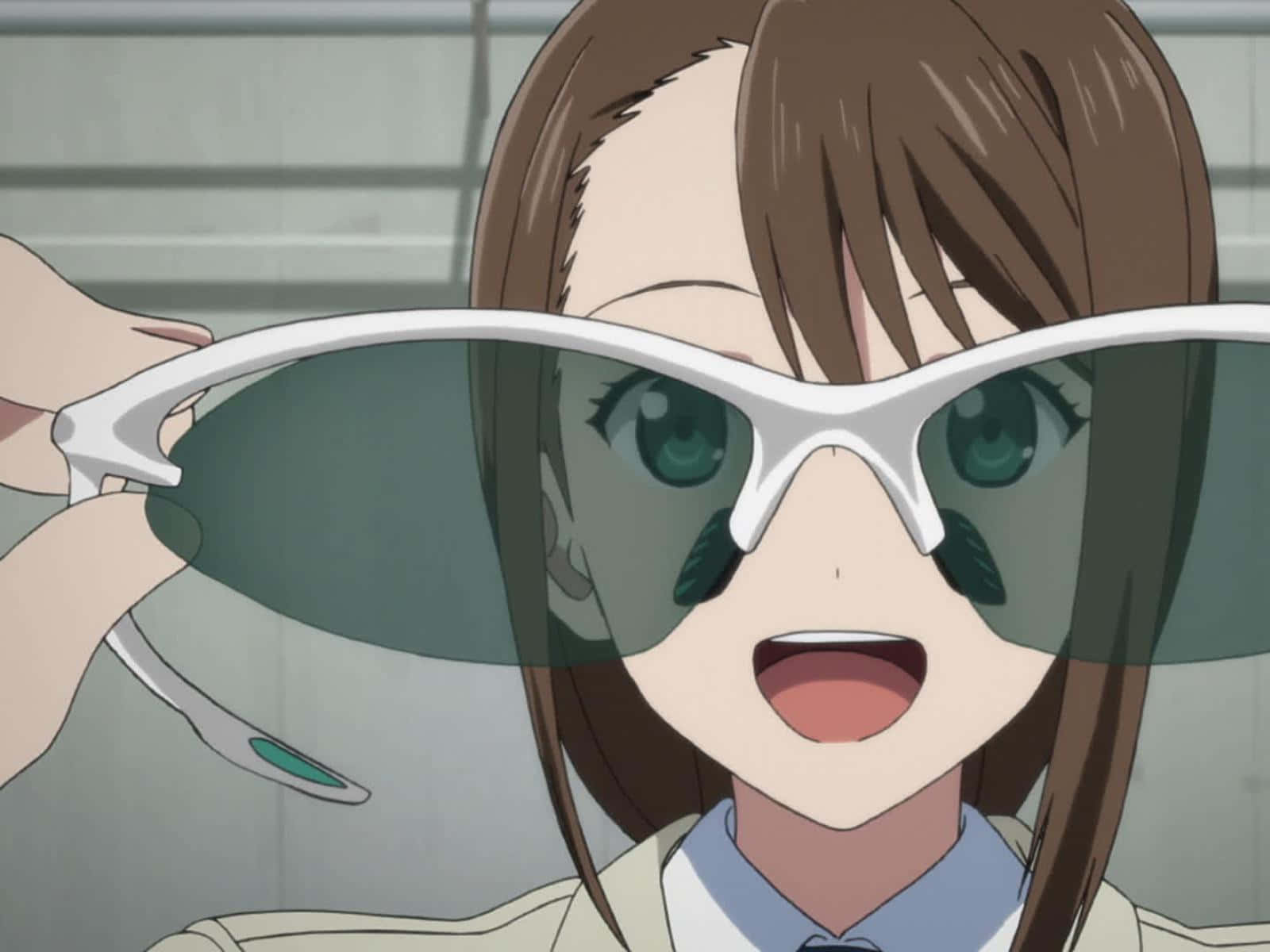 Opgewonden Anime Personage Met Goggles Achtergrond