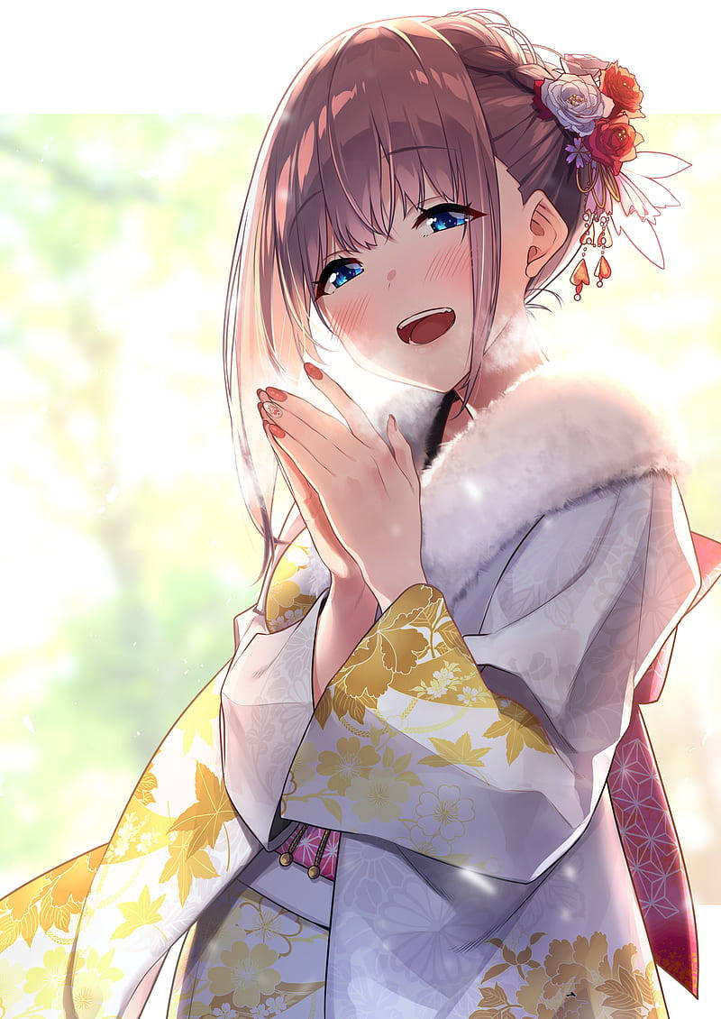Excited Anime Girl In Kimono Wallpaper