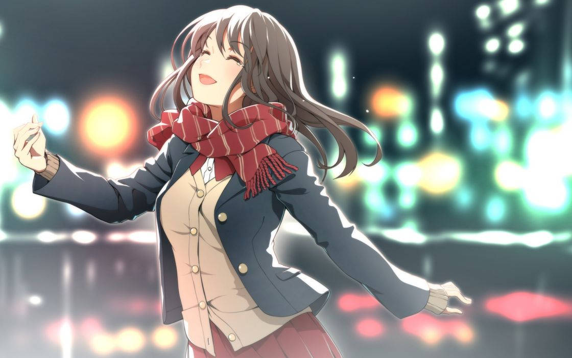Excited Anime Girl With Scarf Wallpaper