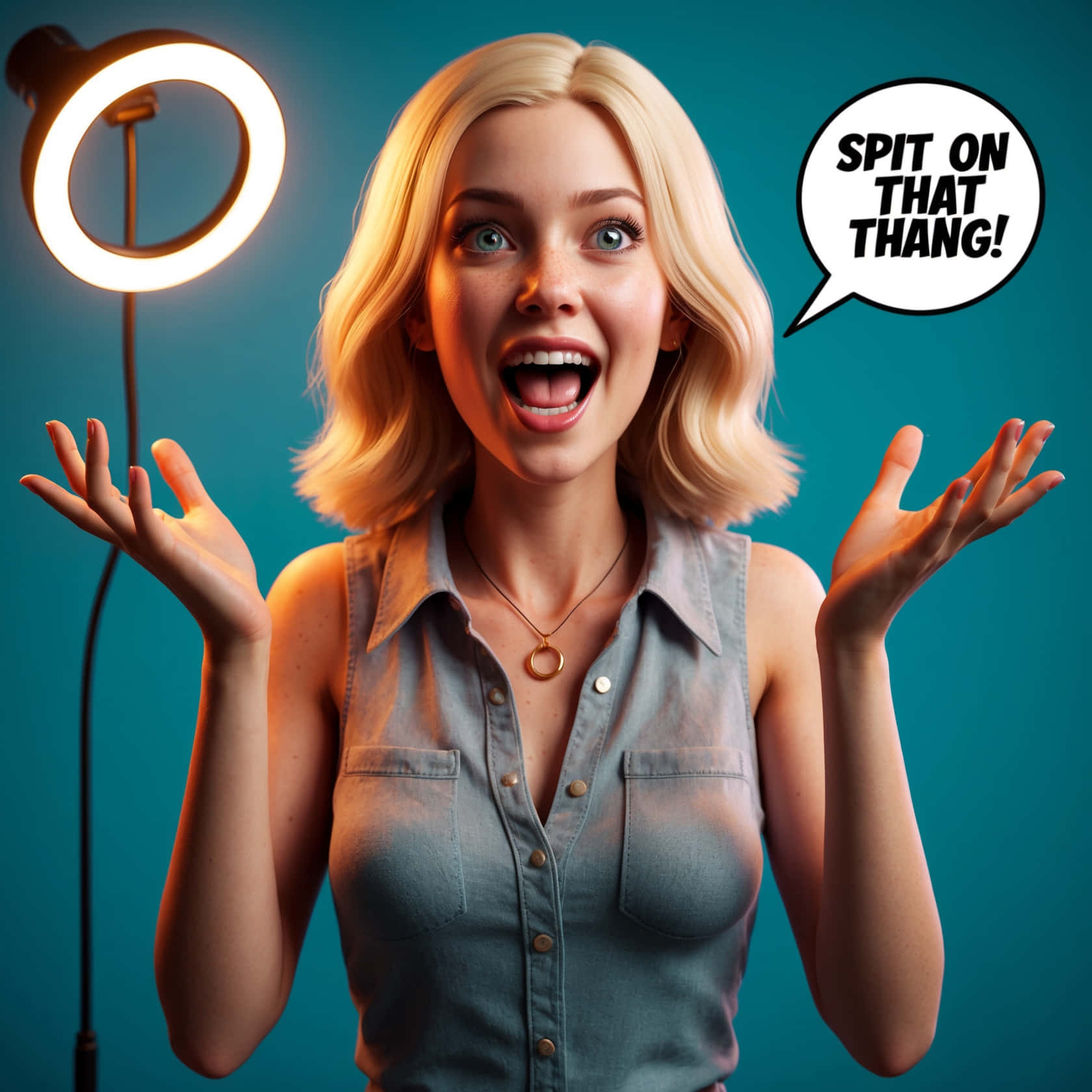 Excited Blonde Woman Ring Light Wallpaper