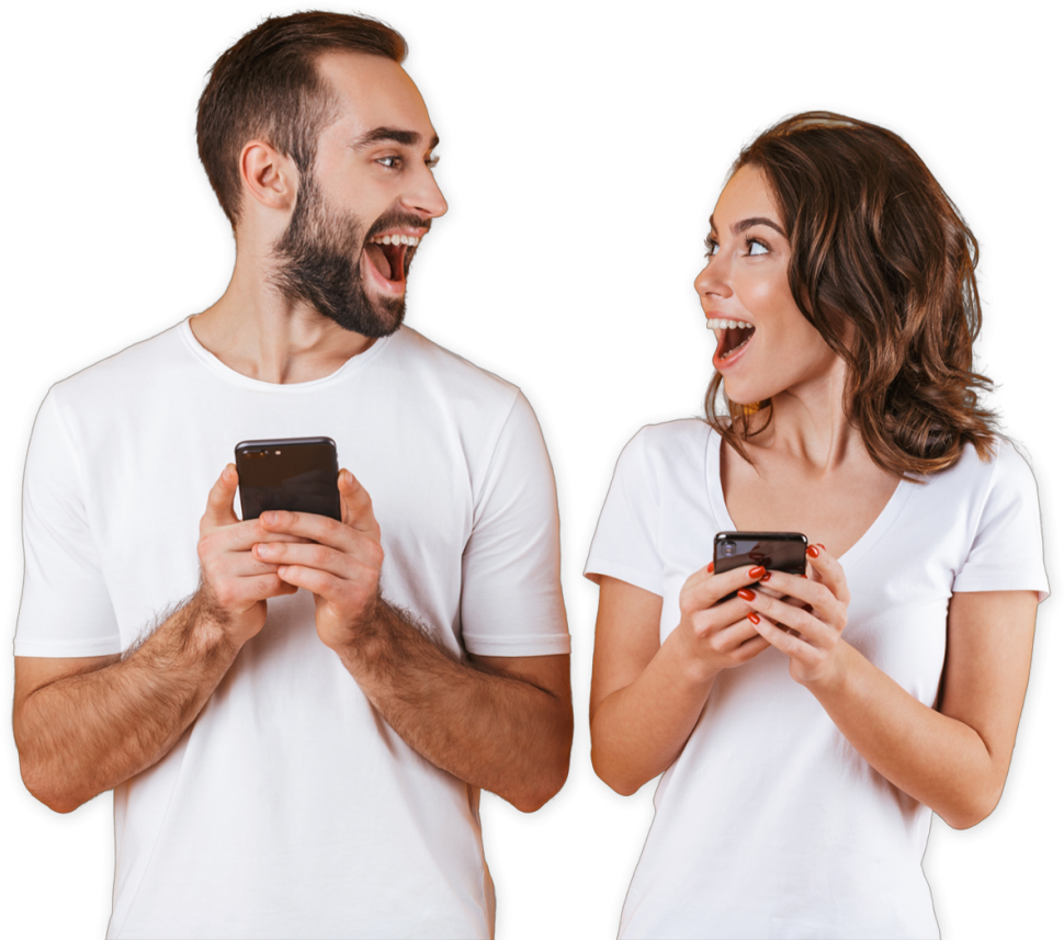 Excited Couple With Smartphones PNG