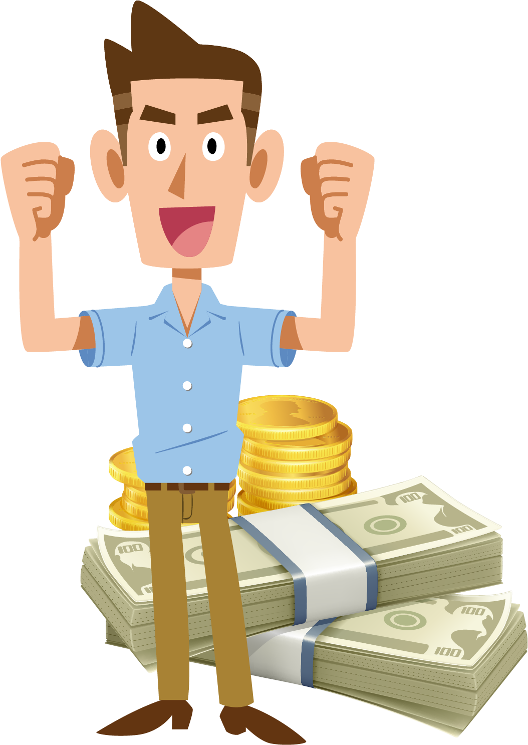 Excited Man Standing With Money Vector PNG