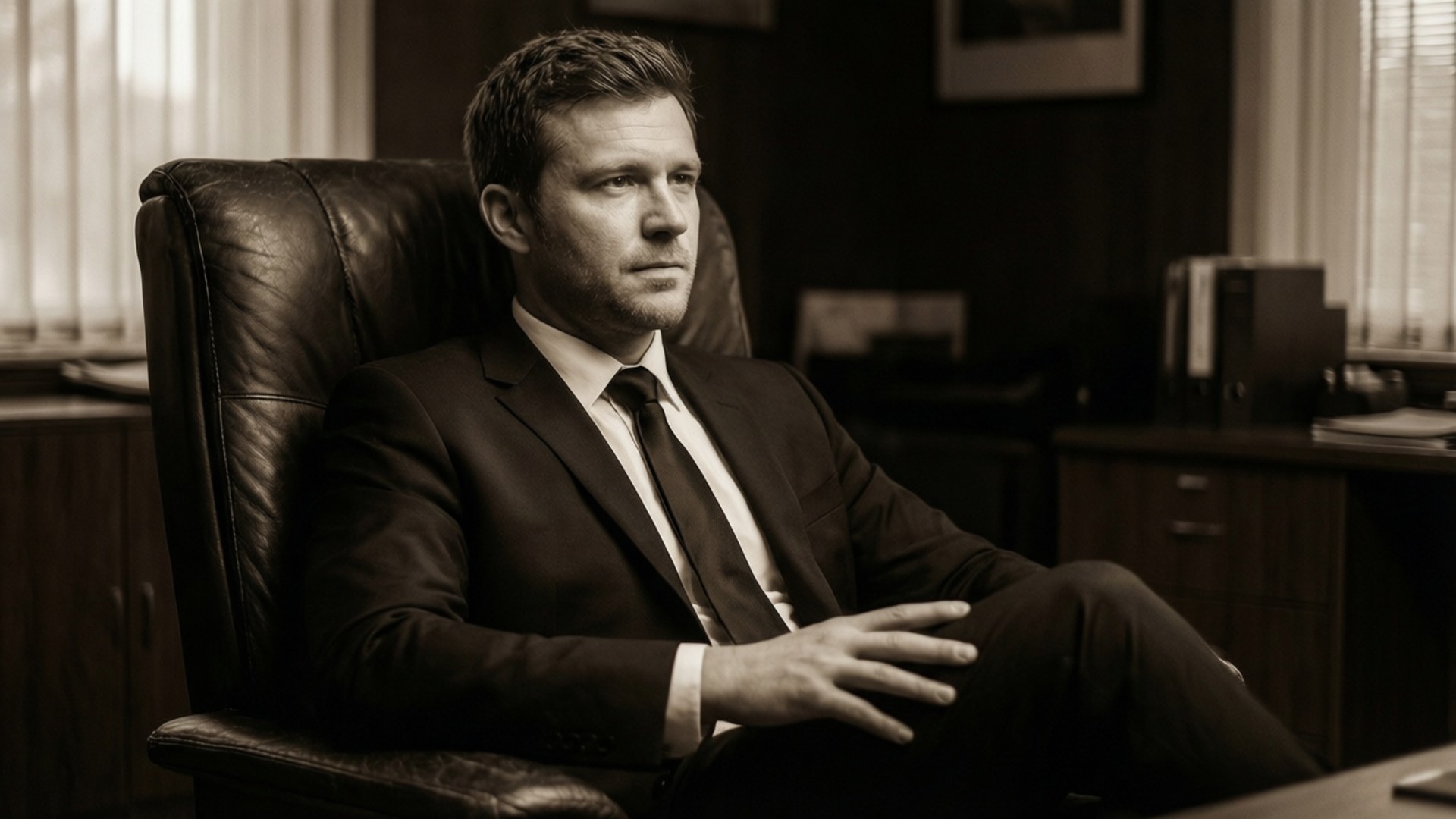 Nick Aldis in suit posing in vintage office with sepia tones