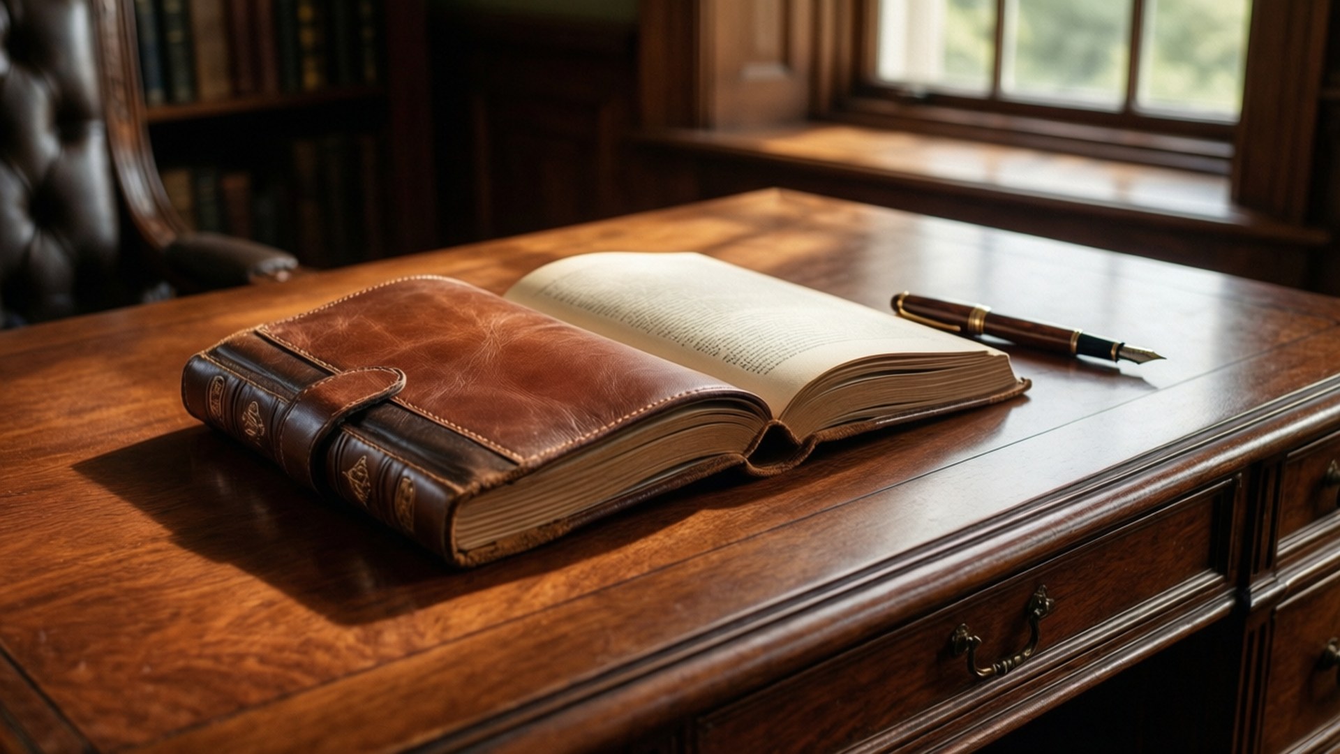 A mahogany desk with a leather book and fountain pen in a warm study setting.
