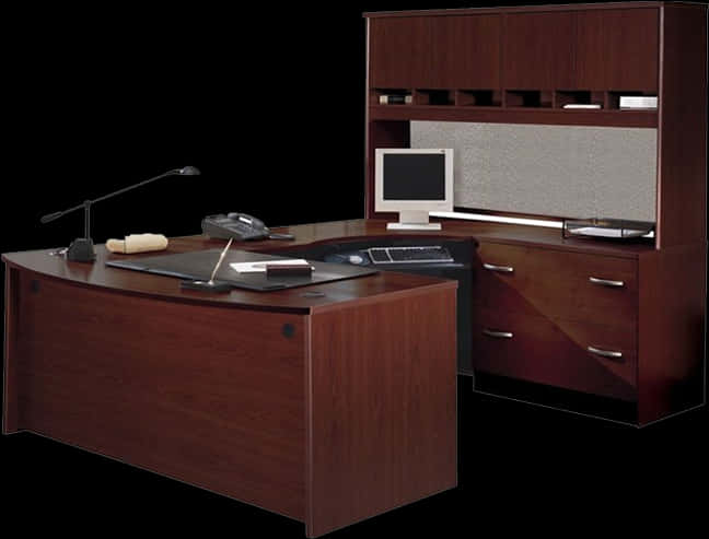 Executive Wooden Desk Setup PNG