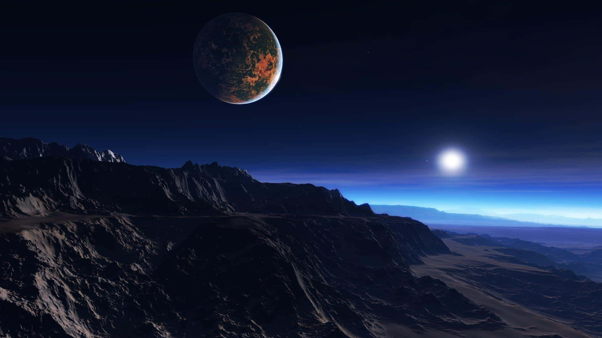 Caption: A geological landscape of an Exoplanet reflecting sunset hues Wallpaper