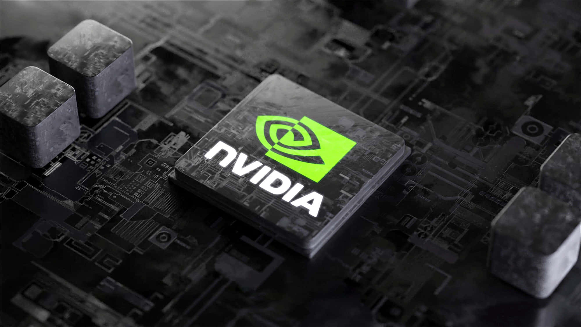 Experience High-Level PC Computing with NVIDIA Picture — A close-up of a glowing green NVIDIA chip centered on a detailed dark circuit board with metallic components.