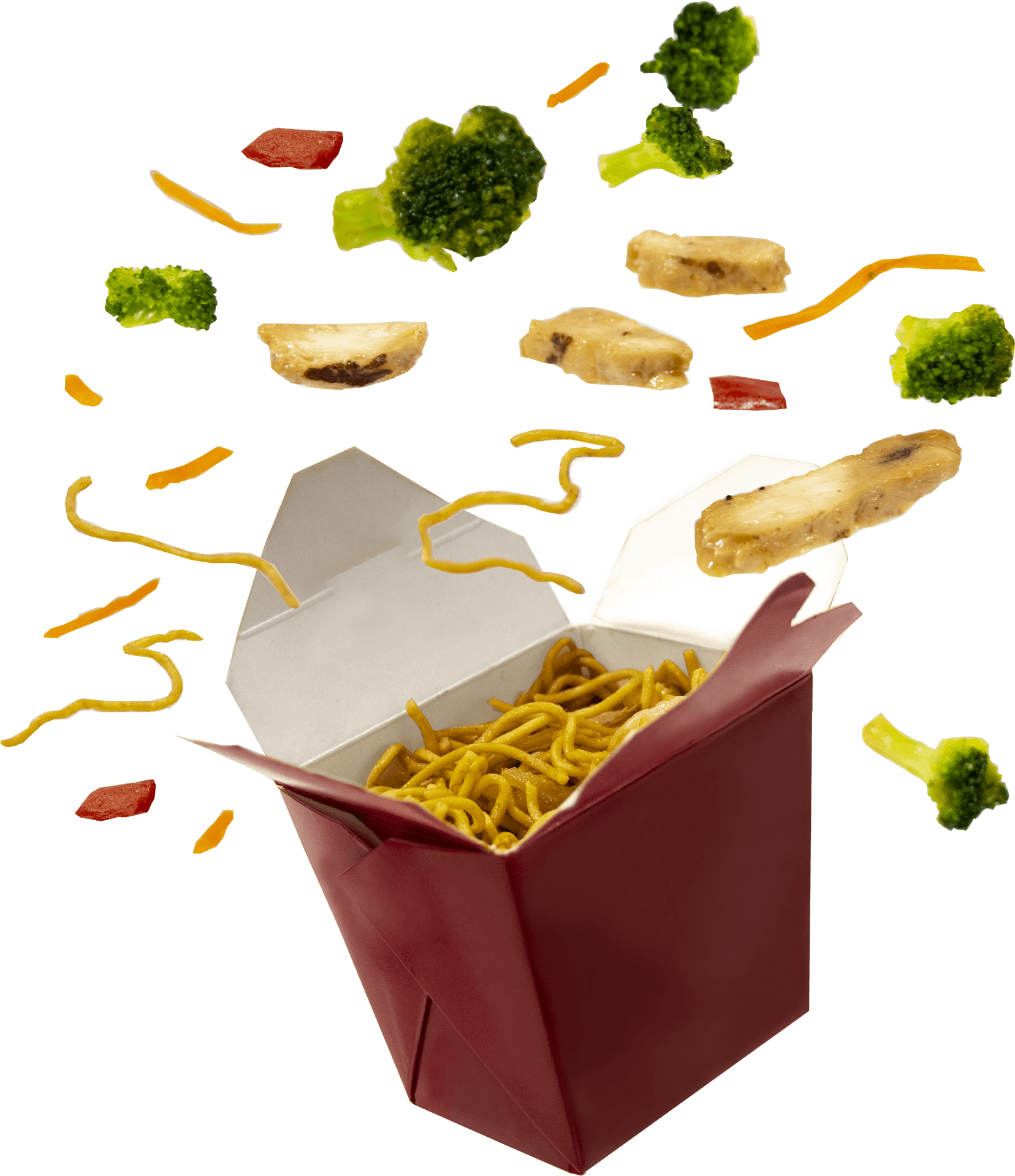 Red takeout box overflowing with flying noodles broccoli chicken and carrots.
