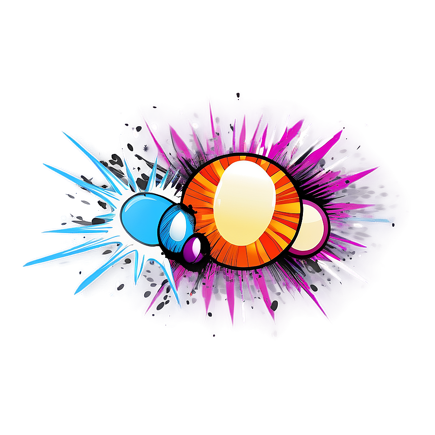 Exploding Comic Bubble PNG 80 PNG — Vibrant comic-style explosion with glowing orbs and sharp rays against a purple gradient background.