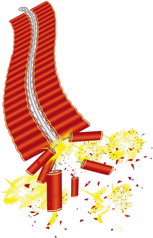 Exploding Dynamite Vector Illustration PNG — A vibrant red firecracker bursts into bright yellow sparks against a stark black background.