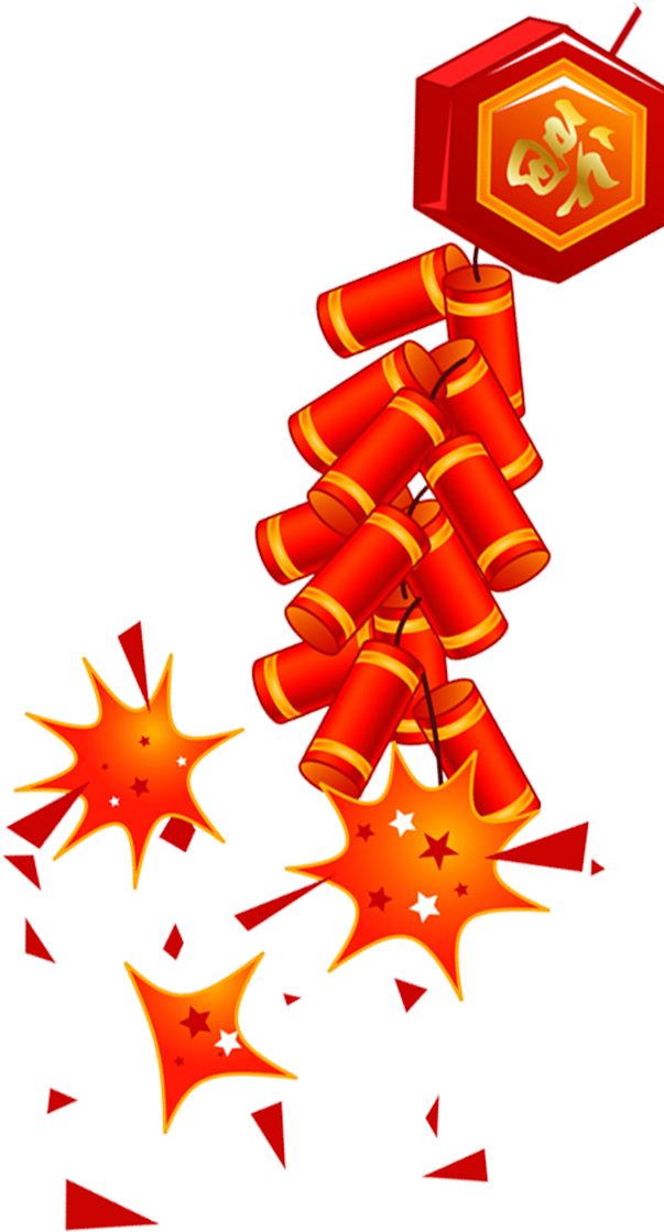 Exploding Firecrackers Illustration PNG — A vibrant red firecracker string with a hexagonal lantern bearing a gold character bursts into fiery orange explosions against a black background.