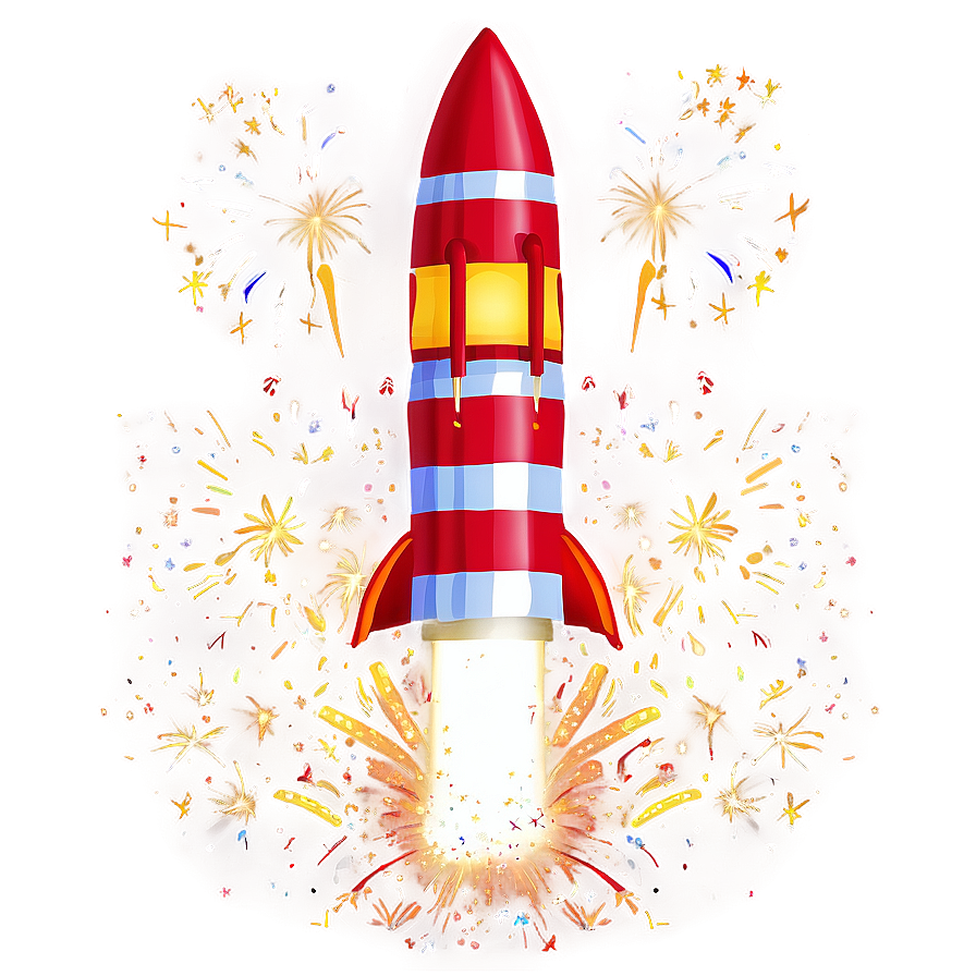 Exploding Firework Rocket PNG fyj PNG — A vibrant red rocket with blue stripes blasts upward through a shower of colorful fireworks against a warm pink sky.
