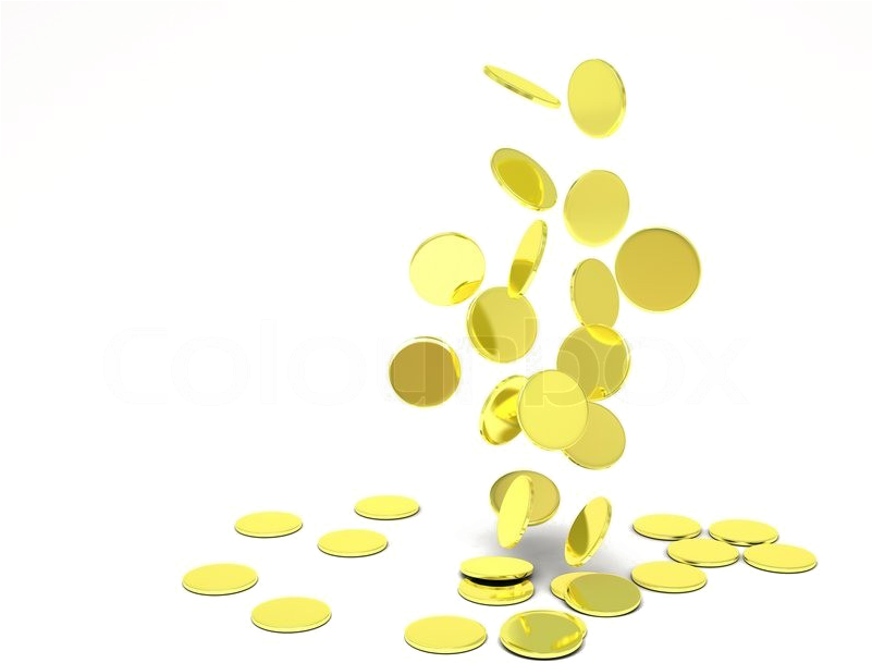 Exploding Gold Coins PNG — Golden coins cascade from a black dome over the word Colourbox against a white background.