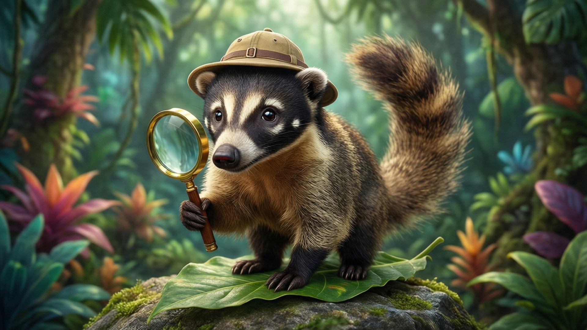Legesyg tegneserie-coati klædt som jungleopdagelsesrejsende
