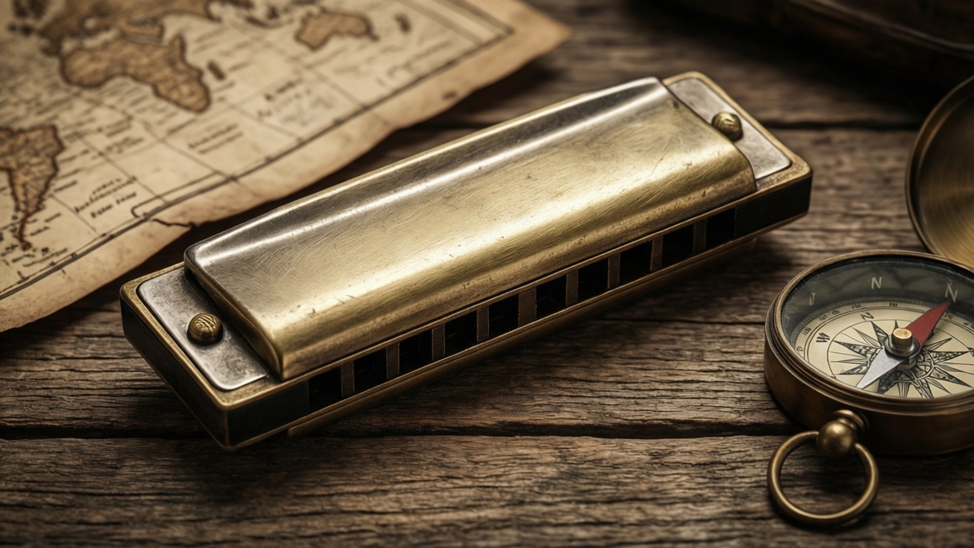 A vintage brass harmonica on a rustic table with map and compass, sepia toned.