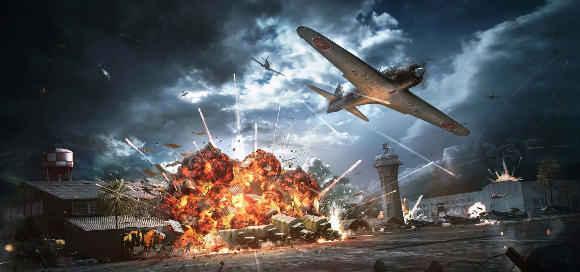 Hintergrundbildmit Militärischem Flugzeug Und Bombenexplosion