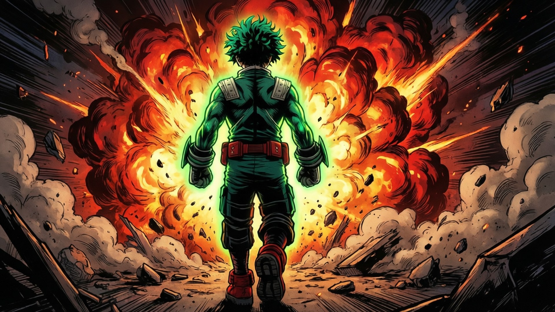 Anime-hjälte med grönt hår står inför en brinnande explosion.