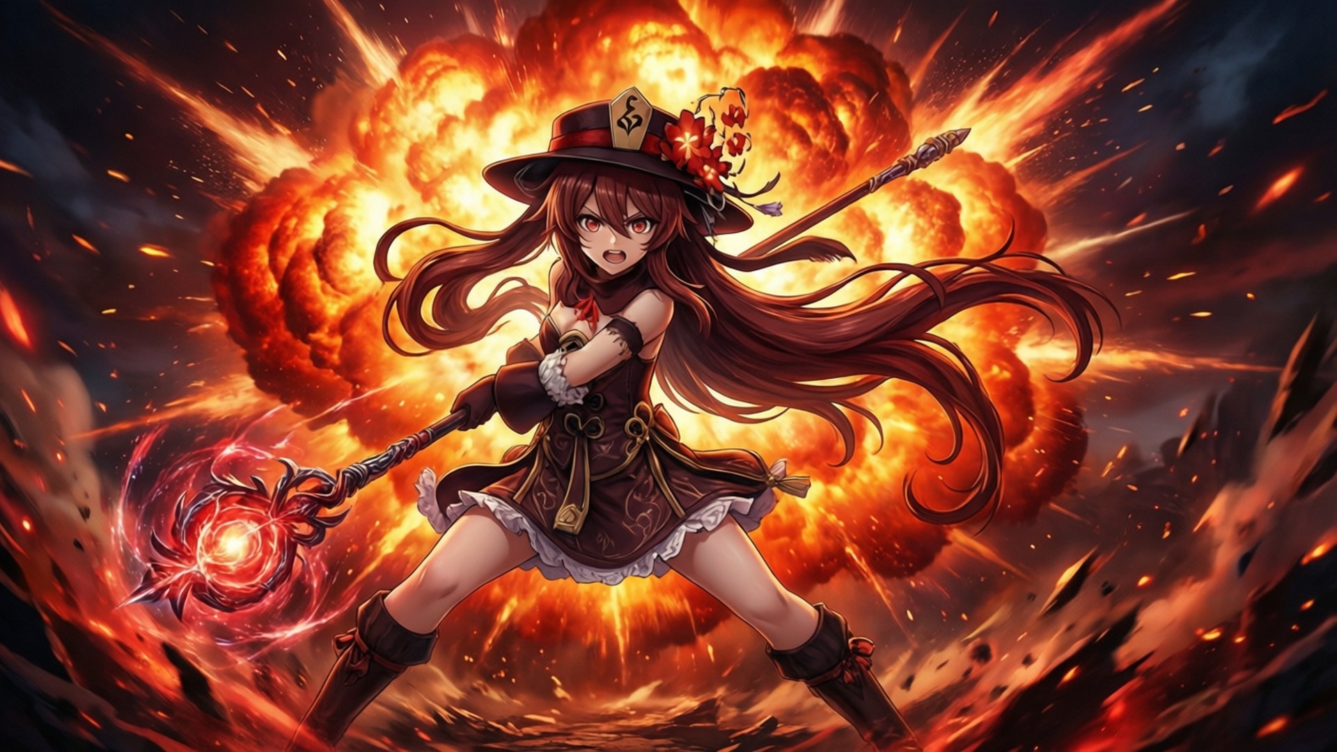 Megumin utløser sin signatur-eksplosjonsformel i en blendende kraftdemonstrasjon.