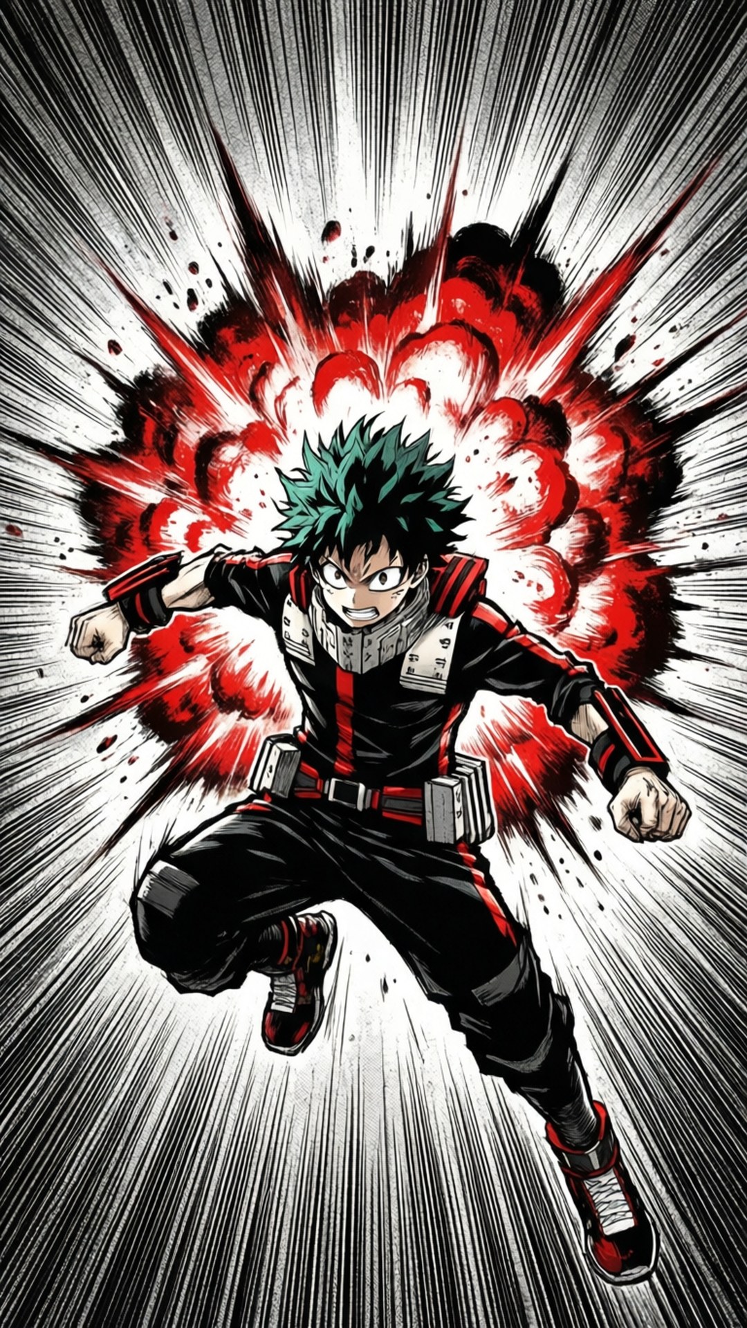 Bakugo työntyy ylöspäin valtavalla räjähdyksellä, dynaamista mangatoimintaa.