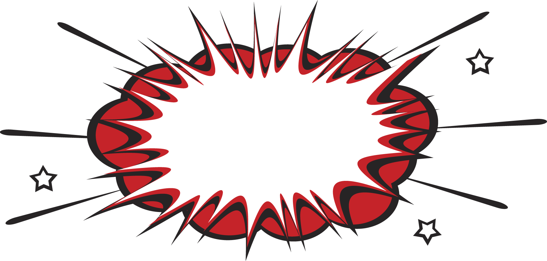 Red and black comic explosion with stars radiating outward