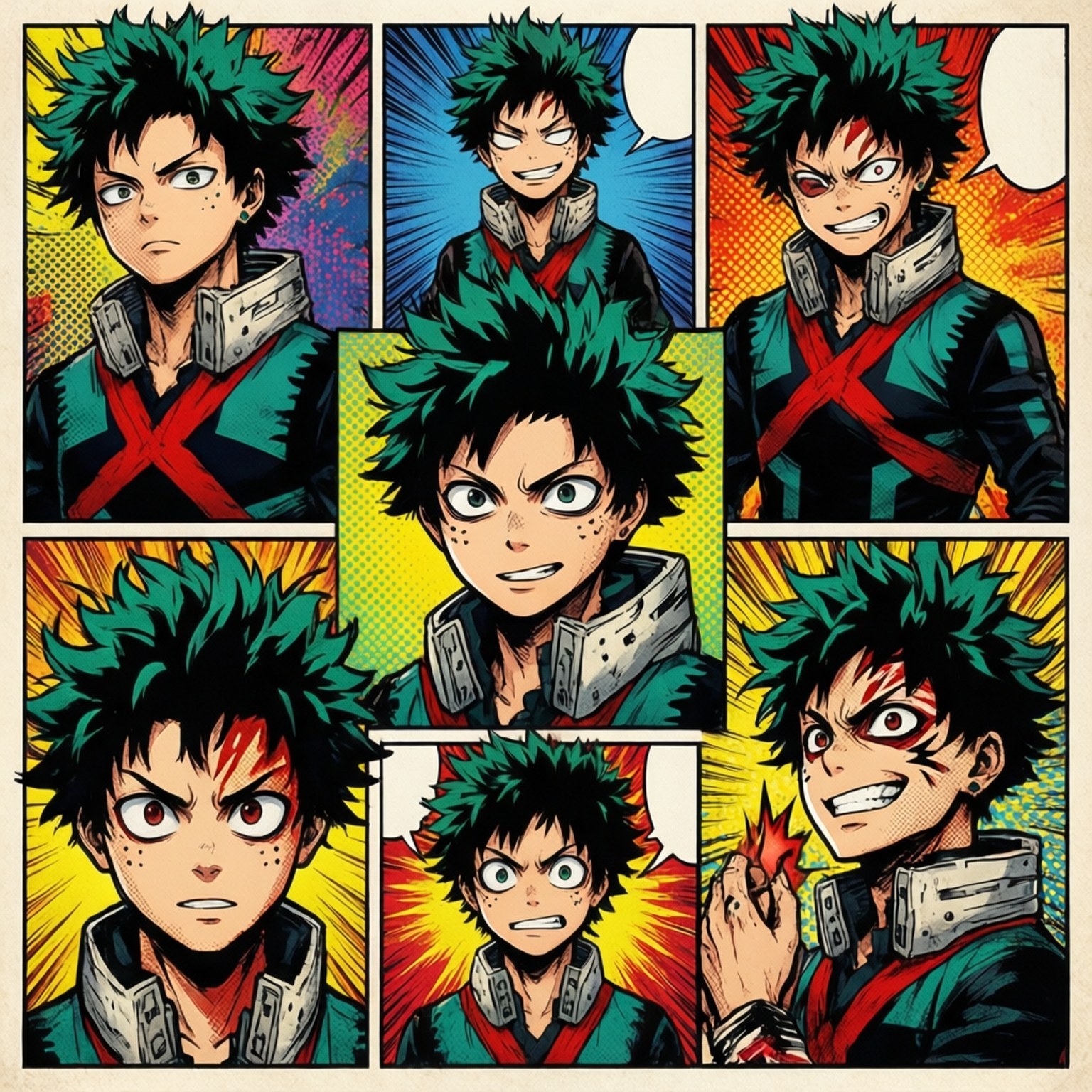 Eksplosiv tegneseriekollasje Bakgrunner — En pop art-collasje med flere Bakugou-uttrykk og -stillinger.