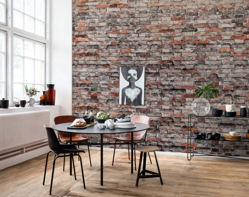 Exposed Bricks In A Breakfast Table Wallpaper