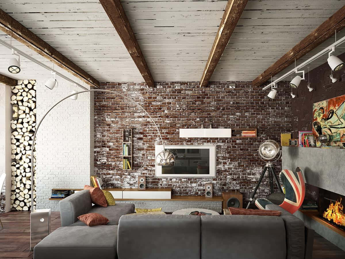 Exposed Bricks In A Living Room Wallpaper