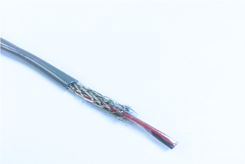 Exposed Electrical Cable Section PNG — Close-up of a black insulated cable with exposed red wire and silver braided shielding against a plain white background.