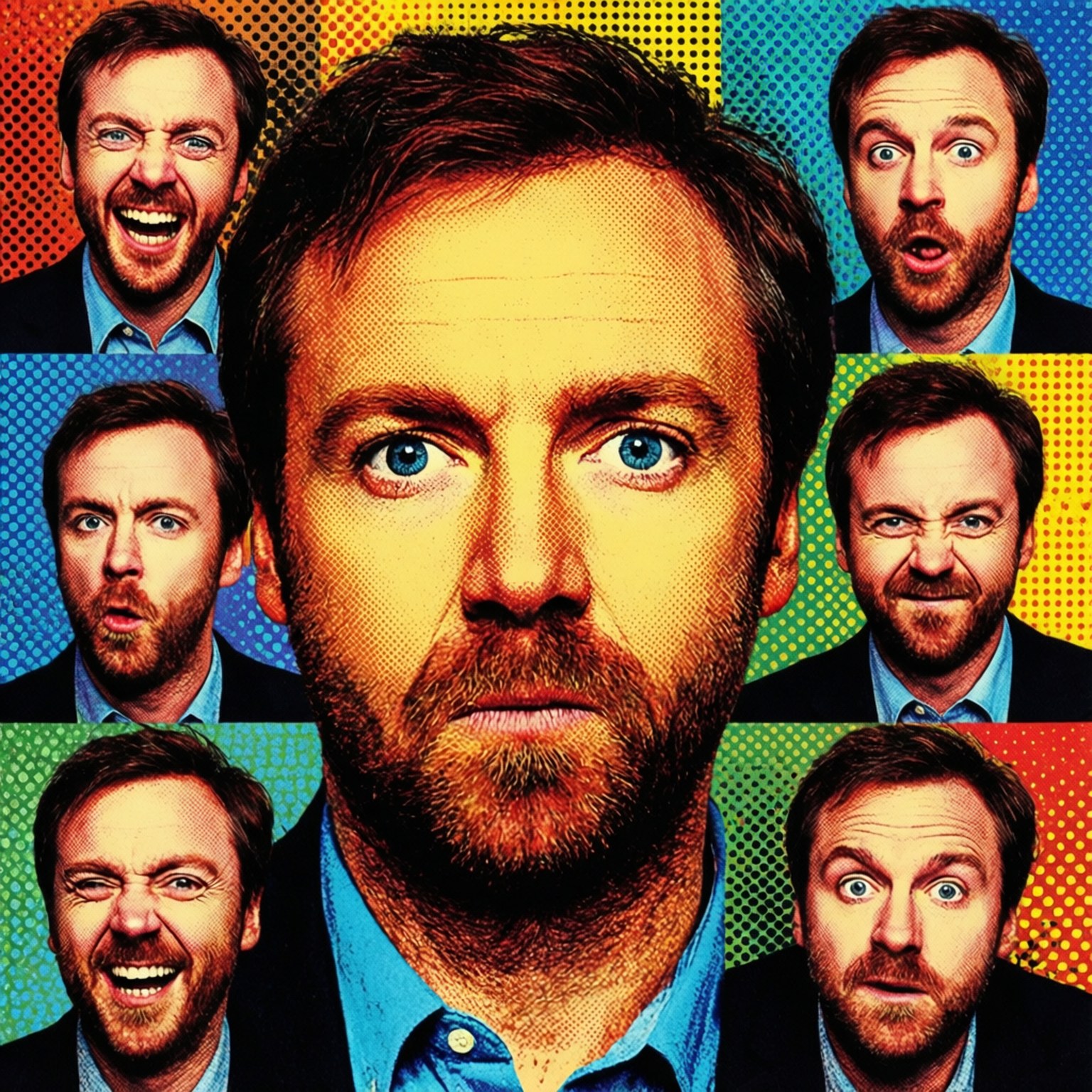A pop art collage wallpaper featuring many expressions of Ricky Gervais.