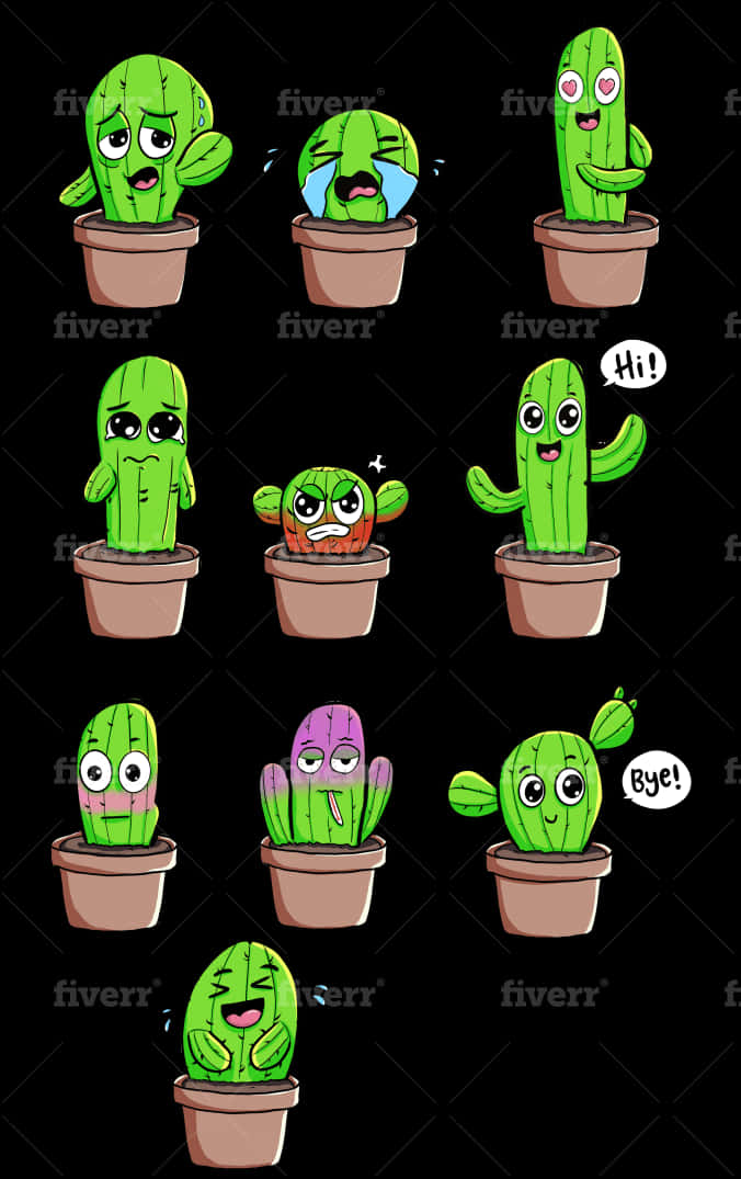 Expressive Cartoon Cacti Collection PNG