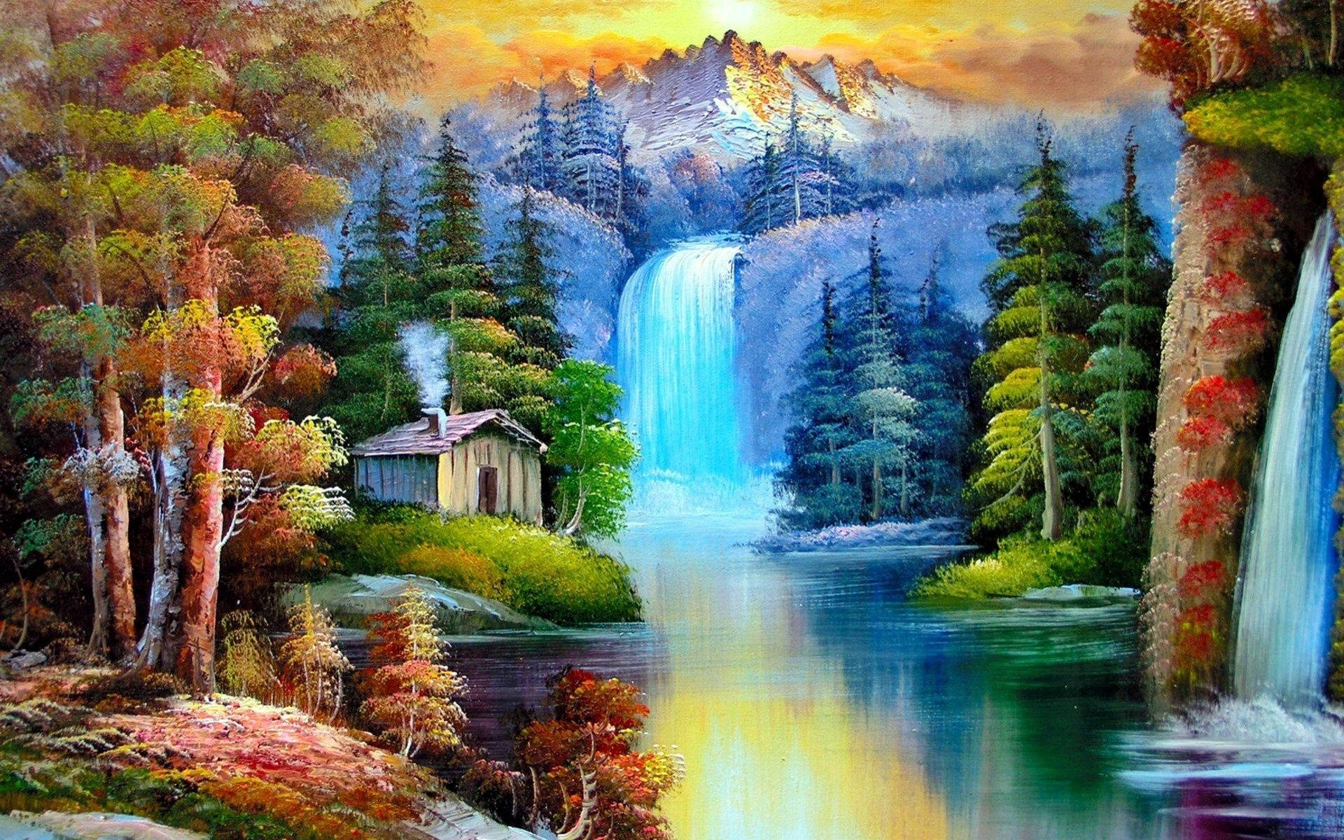 Exquisite Falls Paint Art Wallpaper
