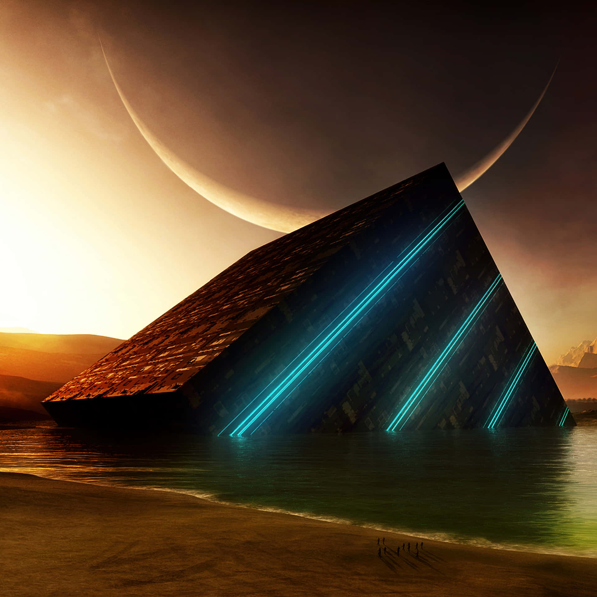 Extraterrestrial Beach Sunset - A Spectacular Fusion Of Sci-fi And Nature Wallpaper