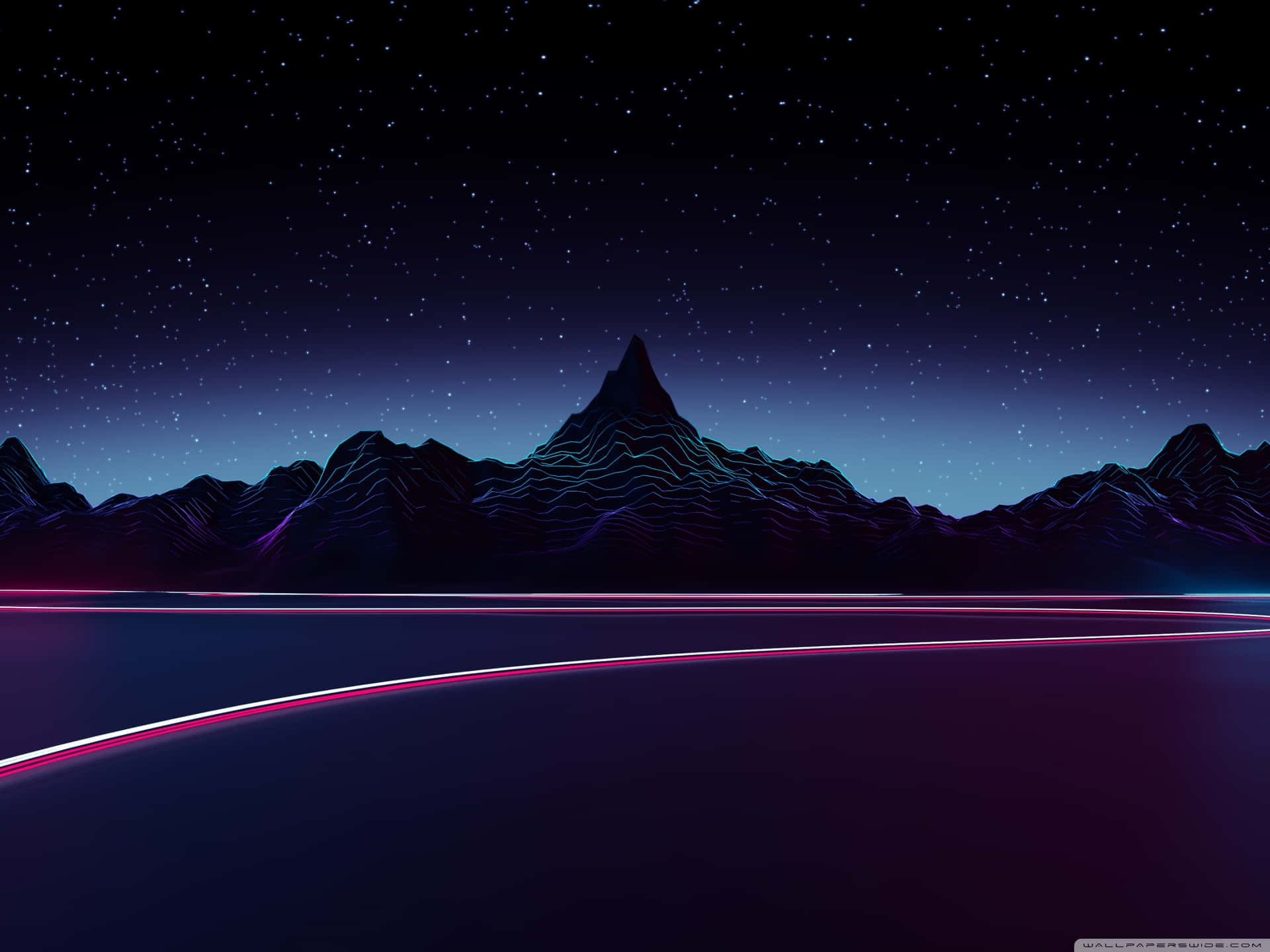 A Night Sky With Neon Lights And Mountains Wallpaper