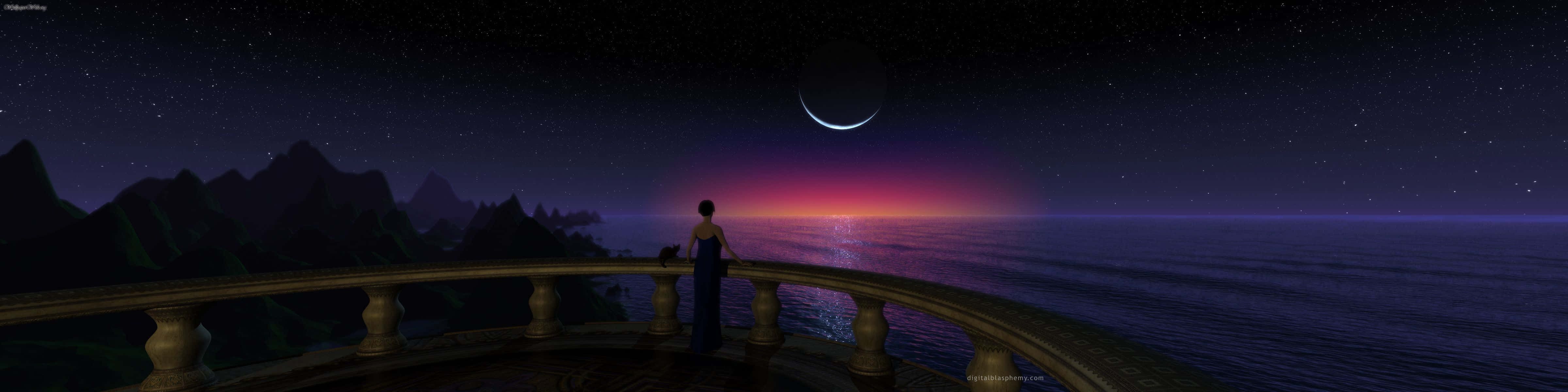 A View Of The Ocean With A Moon And A Star Wallpaper