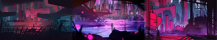 A Series Of Images Of A City With Neon Lights Wallpaper