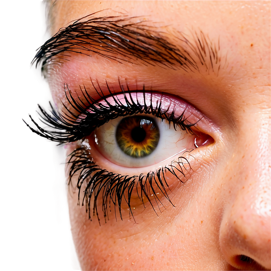 Close-up of a human eye with green iris and pink eyeshadow