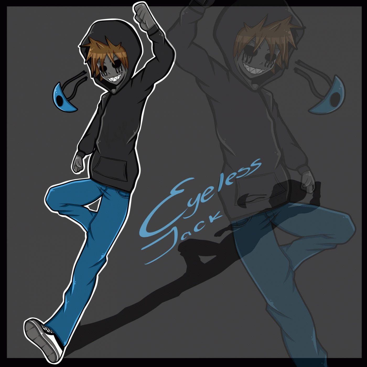 Eyeless Jack in signature blue pants lurking in the darkness Wallpaper